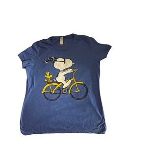 Peanuts Snoopy Woodstock Graphic T-Shirt Blue Bicycle Tee Men's Medium